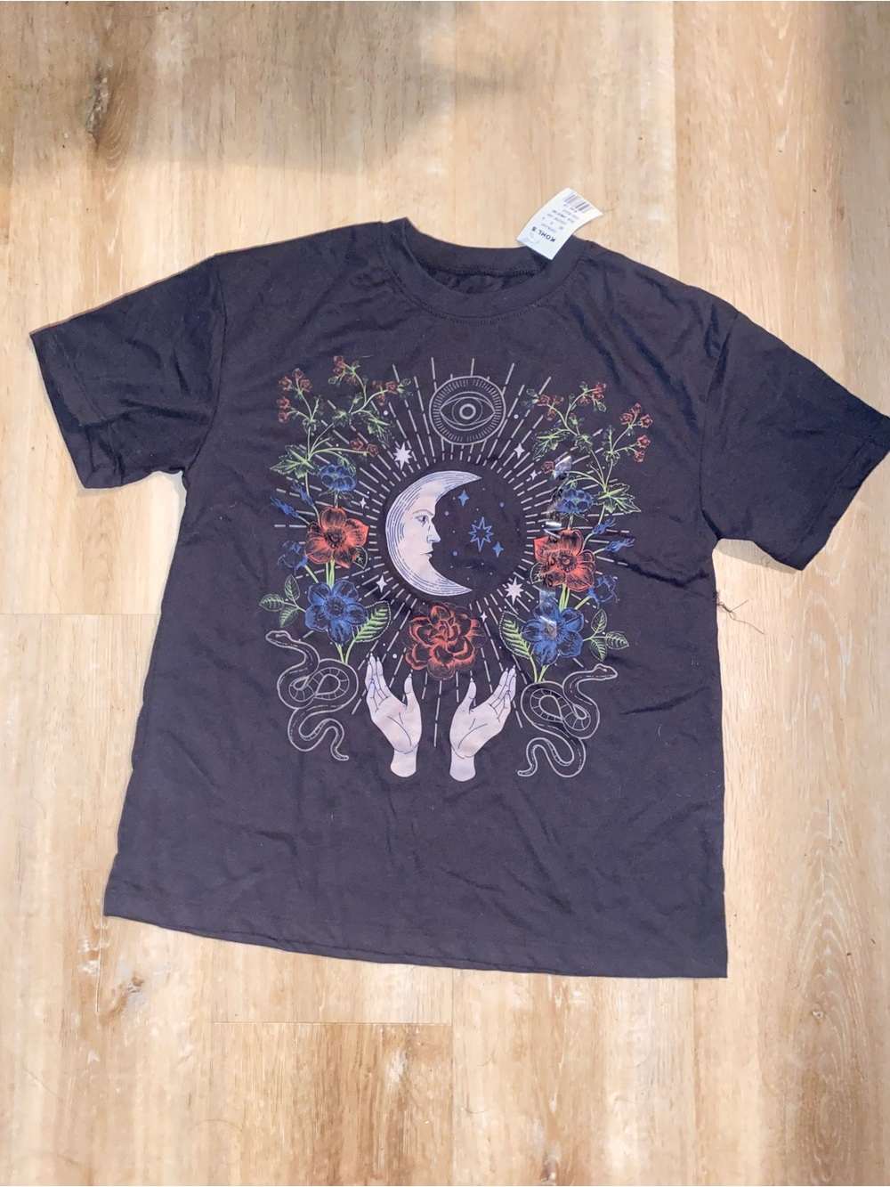 Kohl's Black Short-Sleeve Tee with Moon, Floral & Hand Graphic